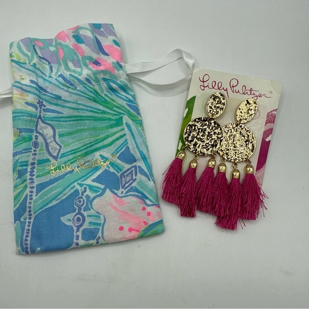 Lilly Pulitzer NWT Boho Mermaid Grotto Tassel Fringe Gold Earrings pink - Picture 5 of 5
